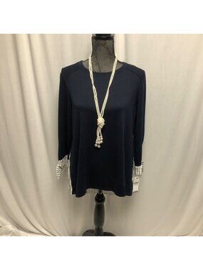 AB Studio Top Womens Size Medium Navy Blue White Stripe Layered Look Shirt NEW